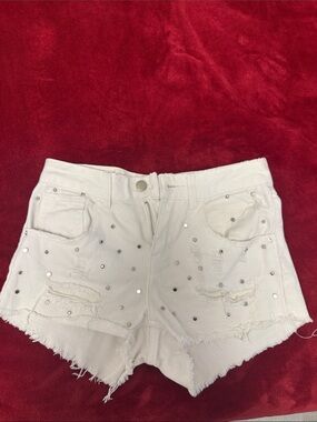Renuar White Distressed Rhinestone Denim Shorts